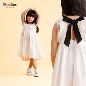 MiniBee - Dress Anak | Dress Pesta Anak Perempuan Ruffle Putih dengan Pita Hitam – Gaya Korea Elegan
