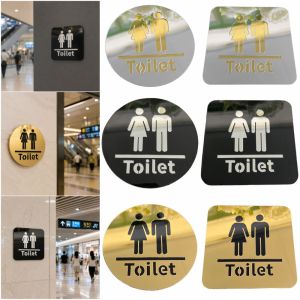 LTK376111 Round Square 3D Toilet Signboard Acrylic Mirror Surface Bathroom Sign Creative DIY Decoration WC Instruction Sign Office