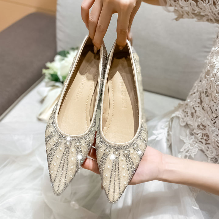 Newland Pearl Rhinestones Wedding Shoes Bridal Shoes Pointed Toe Thick Heel Large Size Women s Shoes Pair With White Wedding Dress High Heels Size 33 42 Lazada