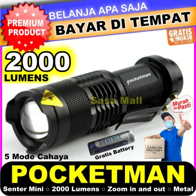 [COD] PocketMan Senter LED 2000 Lumens Waterproof Flash Light Anti Air Bisa Zoom Cahaya Terang Lampu Senter Mini Gratis Baterai 1pcs Penerangan Pocket Man Multifungsi Serbaguna Laz COD Bisa Bayar di Tempat Sasa Mall