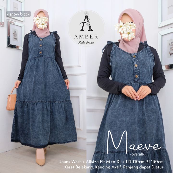 MAEVE Overall Jeans Wanita Rok Terbaru Kekinian Murah Snow Blue Black - Jumpsuit Baju Kodok Terusan Overall Dress Wanita Dewasa OOTD Remaja Muslim Muslim Modern Bahan Jeans denim by BERHIJAB