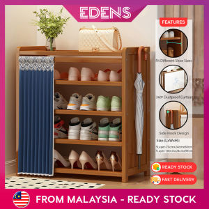 EDENS Bamboo Shoe Cabinet Woth Curtain Multilayer Shoe Cabinet Indoor Shoe Cabinet Large Capacity Shoe Rack Wooden Shoe Rak Kabinet Kasut Shoe Shelves Furniture - Fulfilled by Edens