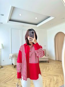 SJM KEMEJA MERAH PUTIH WANITA BAHAN KATUN POPLIN KOMBI KATUN SALUR GARIS GARIS 8177