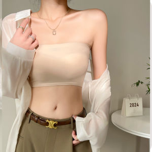 Ice silk seamless strapless strap with breast pad fixed in one cup non running cup chest wrapped underwear for women non slip one line round strapless