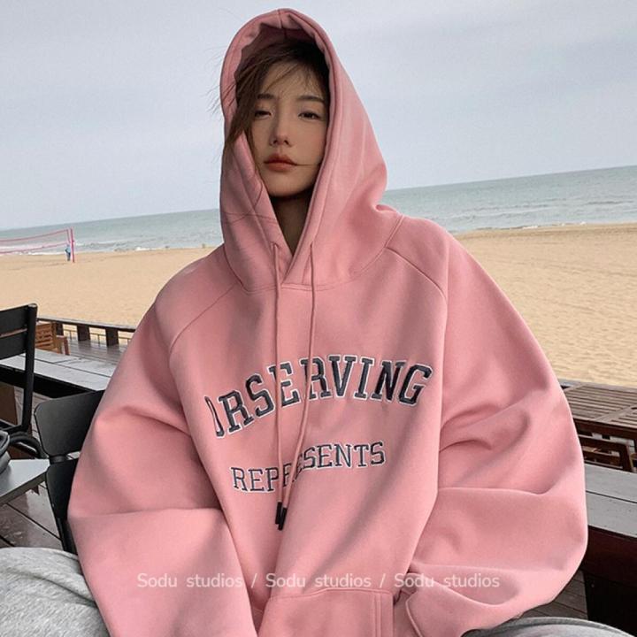 SELLDA Women Korean Style Oversized Hoodie Long Sleeve Top Letter  Embroidered Loose Jacket