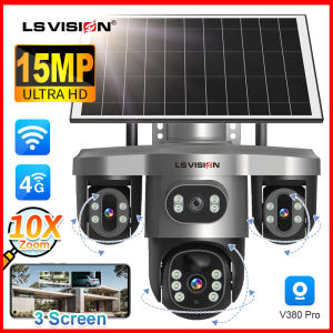 LS VISION V380 15MP 3 PTZ Ống kính 4G/Wifi năng lượng mặt trời Máy ảnh 10x thu phóng kỹ thuật số CCTV ai phát hiện 2-cách nói chuyện năng lượng mặt trời + 8000mAh IP66 không thấm nước hình người Phát hiện tự động theo dõi máy ghi hình IP