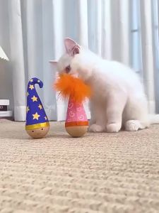 Wooden Wobble Cat Toy with Feather Top Interactive Cat Toy Self-Righting Tumbler for All Breed Sizes