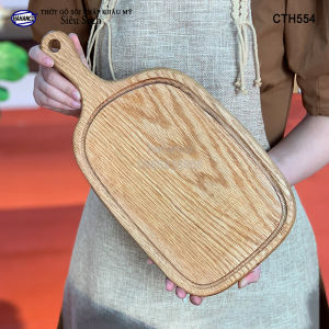 Thớt tay cầm cỡ lớn gỗ Sồi Mỹ (OAK) có rãnh bao quanh tiện dụng (CTH554) hàng Xuất Khẩu Châu Âu - khay bánh mì/trái cây/ bít tết/ pizza/ phụ kiện chụp ảnh bày món ăn trong nhà hàng - Sang trọng trên bàn ăn - HAHANCO