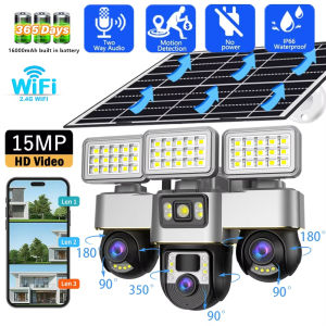 V380 Solar Security Camera 15MP 3 Lens Outdoor WiFi CCTV Floodlight Night Vision 2-Way Audio Surveillance Cam