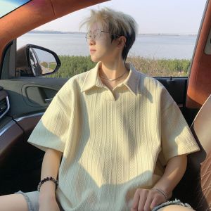 เสื้อยืดคอปกทรงหลวมสำหรับผู้ชายฤดูร้อนแขนครึ่งท่อนแบบอเมริกันทันสมัย