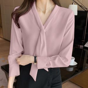 Korean version V Neck white top womens long sleeved shirt Work Blouse