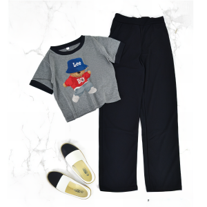 JOY Setelan Baju Dan Celana Panjang Remaja Atasan Crop Ringer Tee Motif Lee Boy