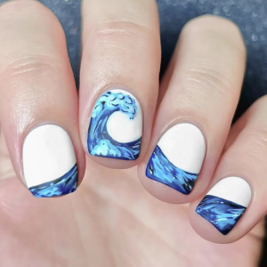 24Pcs Press On Nail Blue White Design With Blue White Waves Art For Women Short Square Artificial Nail Manicure Decors