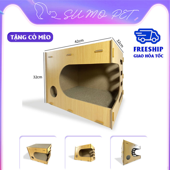 Nhà Mèo Bằng Gỗ 2 Tầng Sumopet Đa Năng & Có Tấm Cào Thay Thế - Tặng Cỏ ...