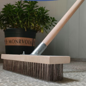 Stainless Steel Wire Floor Brush with Extended Handle-Stiff Bristles for Hard-to-Clean Surfaces in Garage Patio Garden and Pool-Moss-Buste#TB06