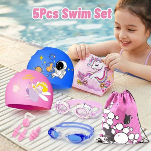 Kids Swim Goggles Set Cartoon Swim Cap Anti-Fog UV Lens Earplugs Nose Clip Storage Bag Kid-Friendly