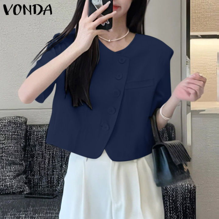 VONDA Women Casual OL Wear O Neck Soild Button Short Sleeves Shirts ...
