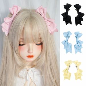 ZEIIE 2Pcs Solid Color Bow Hair Clips JK Fabric Cosplay Hairpin Lolita Duckbill Clips Women