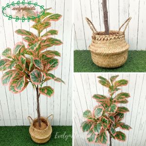 Pohon Artificial Daun Karet Merah Muda / Hijau Tua X3 T140 Latex Cover Purun Belly Borneo Hiasan Caffe