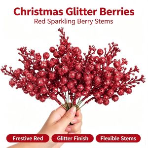 Happy Time 5pcs Glitter Artificial Berry Stems Christmas Decorations For Home 2026 Set Fake Flowers And Fake Plant DIY Gift Wreath New Year Party Holiday Supplies Garland Christmas Tree Ornaments Berries Decor Xmas Table Topper Home Decor