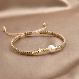 HULEQQI Hạt ngọc trai Vòng tay hình ngôi sao Có thể điều chỉnh Dây thừng tay Vòng tay dệt Thời trang Tối giản Vòng tay thông thường Quà tặng