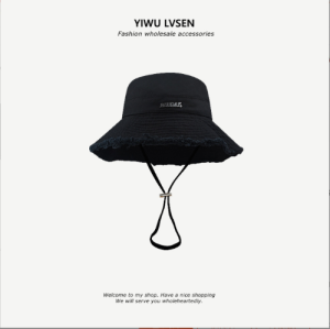 Women Hyuna Same Style Washed Big Brim Bucket Hat Raw Edge with Drawstring Summer Vacation Sunscreen Sun Hat