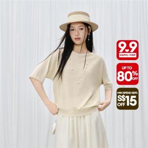 Giordano Women Metallic thread sequins 1/2 sleeve knitwear Free Shipping 18356708