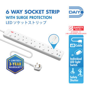 Daiyo DE 386 6 Way LED Surge Protector Power Extension Socket Strip with 6 Metre Power Cord