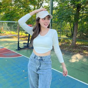 🌈MesubShop🌈เสื้อครอปแขนยาว ผ้าเรย่อน ยืดเยอะม้าก 🍟 ช่วงชายเสื้อเว้า ใส่แล้วพรางหุ่นขั้นสุด สไตล์ y2k รุ่น กาเหว่า B-004-2-A