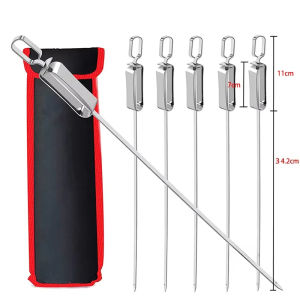 6Pcs Kabob Skewers for Grilling Stainless Steel Flat BBQ Skewers with Quick Release Metal Sliding Handle Barbecue Accessories