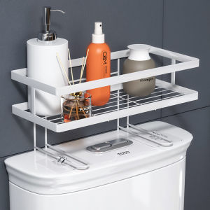 Bathroom Rack Organizer Punch-free Toilet Storage Shelf Above Water Tank with Hooks White