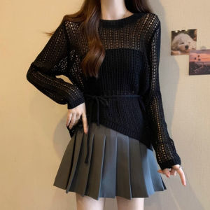 ⚡Port⚡ blouses women new style 2025 Hollow-out Long Sleeved Knitwear Chic Sweet Hot Style Smock Niche Waist Retraction Top Women