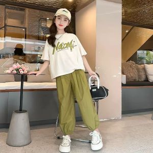 ZANRA ชุดเด็กผู้หญิง ชุดสูทแขนสั้นเด็กผู้หญิงฤดูร้อน ชุดกีฬาแขนสั้นผ้าฝ้ายแท้สำหรับเด็ก + กางเกงลำลองสองชิ้น ผ้าดีและนิ่มสุดๆ