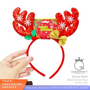 Bando Natal Tanduk Rusa Pita / Bando Natal Merry Christmas Tanduk Rusa Salju / Bandana Head Band Tanduk Rusa Natal Daun Ceri / Bandana Natal