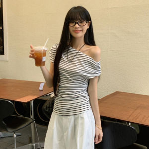 Korean Style Off Shoulder Top Black White Striped T-shirt Asymmetric Neck Slim Fit Short Sleeve Top