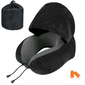 Travel Pillow Neck Pillow for Travel with Hood for Airplane Memory Foam Neck Pillow Adult Head & Neck Support for Long Flights Plane Office Cars Sleeping & Rest