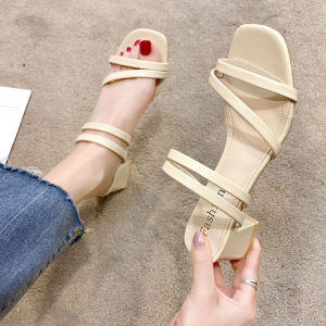 Sandals for Women Korean Style Heels Thick Mid Heels Open Toe Ladies Summer Slippers All-match Shoes 2022 New Design