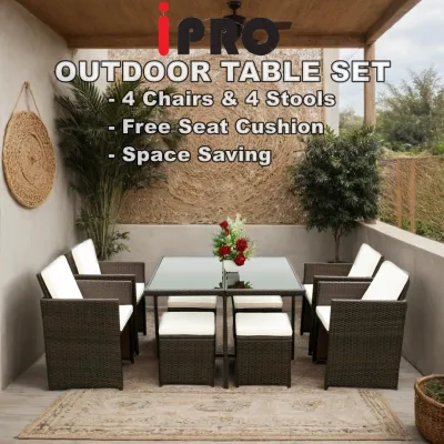 IPRO Outdoor Chair and Table Set 8 Seater Outdoor Furniture Balcony Garden Table and Chair Rattan Chair Meja Makan Kerusi Outdoor Kerusi Rotan Taman Moden
