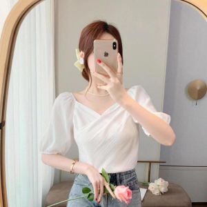 short sleeve white formal blouse for women plus sizeV neck chiffon loose puff sleeve Pullover Pleated Cotton Puff Sleeve  western style korean casual office plain T-shirts tops
