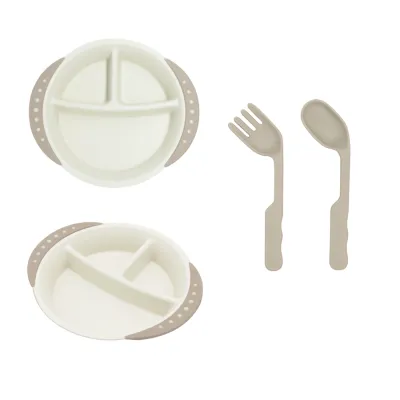 Littoes Weaning Plate x 1 + Training Utensils Set x 1 (Blue/Latte)