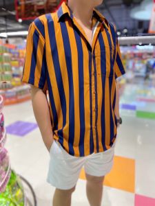 เสื้อเชิ้ตแขนสั้นลายทางส้มกรม