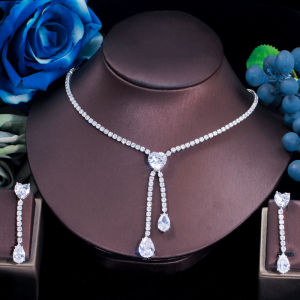 SEQUITO Top Quality Women Jewelry Set Silver Color Full Pave Setting Green White AAA Cubic Zircon Long Pendant Crystal Pageant Earrings Necklace SJ350