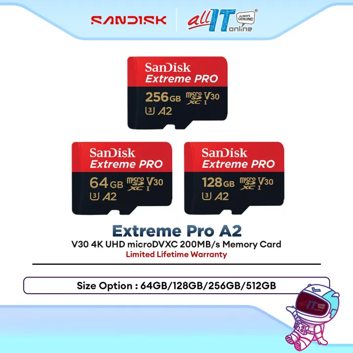 Sandisk Extreme Pro 4K Up to 200MB/s MicroSD Card With Adapter (64GB / 128GB / 256GB / 512GB) ( SDSQXCG / SDSQXCY / SDSQXCD / SDSQXCU )