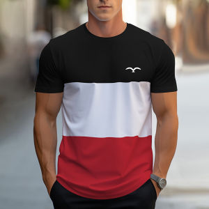[Local Stock] VCC Fashion Splicing Stripes Print T Shirt For Men Casual O-neck Short Sleeve Pullover Summer Breathable Loose Tops Street Trend Tee