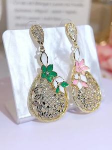 FCSEQUITO New Arrival Yellow Gold Plated Jewelry Pave Setting Shiny AAA Cubic Zircon Pink Flower Long Water Drop Earrings Mothers Day Gift SE928