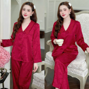 Bộ Pijama Lụa Gấm HEUN YOUNG Thiết Kế Cổ Thêu Sang Trọng Tay Dài Quần Dài Mềm Mịn Cao Cấp 40-60kg
