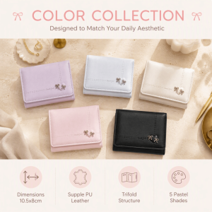 FAIRY Large Capacity Love Bow Wallet Foldable Multi-card Slot Tri-fold Short Wallet Simple PU Leather Card Holder Female