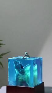 Marine Resin Night Light Decor Shark Surfer Micro Landscape Cube Gift for Collectors