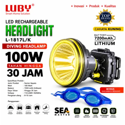 LUBY Headlamp Senter Kepala Selam Diving 100 Watt IP68 1200 Lumen Super Terang Tahan Air 3 Mode Dimmer Sea Master L-1817