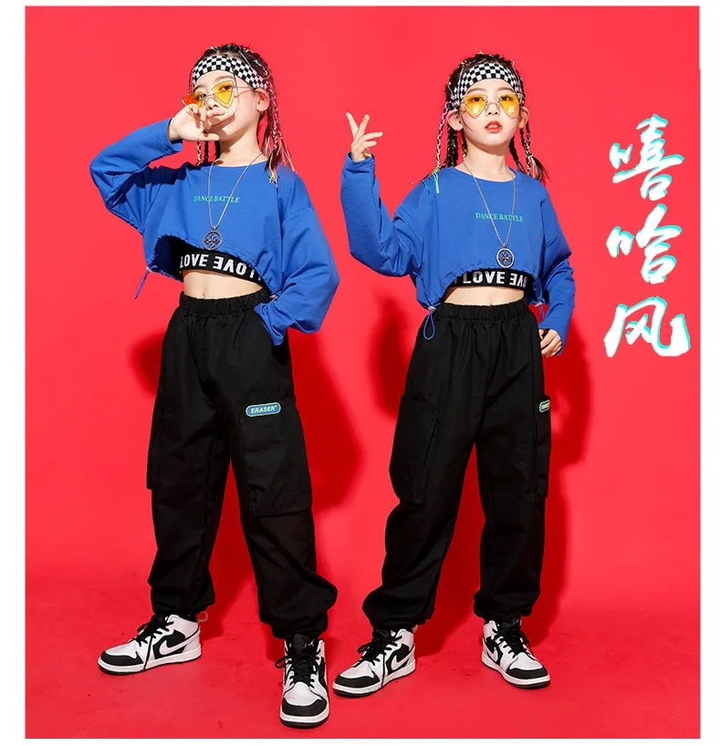 Kid Kpop Hip Hop Clothing Blue Crop Top Long Sleeve T Shirt Streetwear Cargo  Jogger Pants For Girl Jazz Dance Costume Clothes